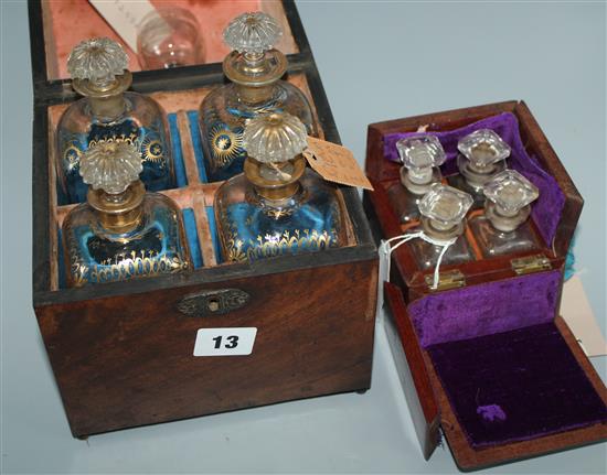 Georgian mahogany decanter case with gilt-decorated decanters and another case